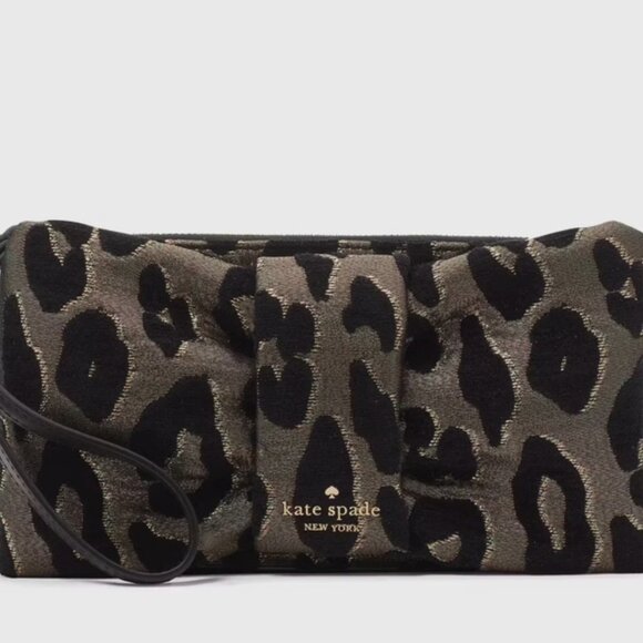 Kate Spade Millie Bow Leopard Fabric Wristlet Clutch Black KE650 NWT $299 - Picture 2 of 4